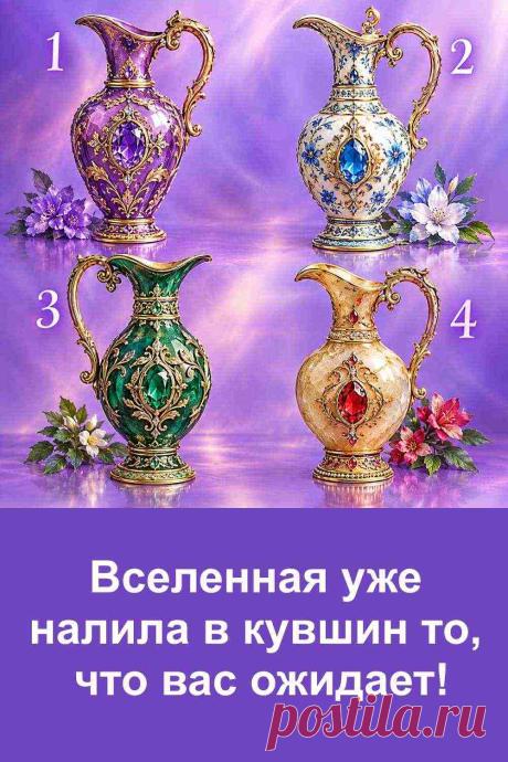 Перед вами четыре старинных кувшина с драгоценными камнями. Каждый выглядит по-своему и хранит особый символ. Рассмотрите все четыре варианта, обратите внимание на детали и запомните номер того кувшина, который понравился вам больше остальных. Затем переходите к статье и находите значение своего варианта.