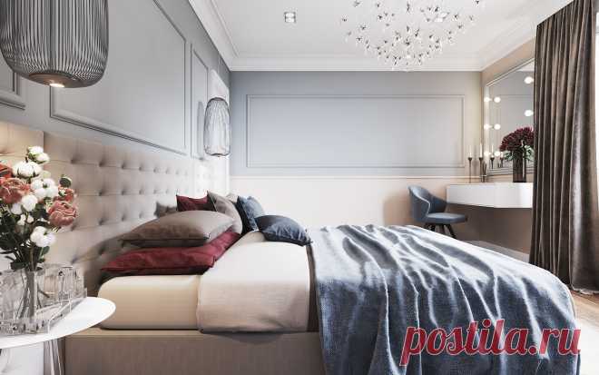 В этом дизайне интерьера активно используется цвет, но это не бросается в глаза за счет приглушенных оттенков.
Серо-бежевые стены, бледно-голубой ковер, бордовый диван и темно-коричневый в шторах и стульях.
В дизайне спальни — основные цвета пастельные, а цветовые акценты — в текстиле.