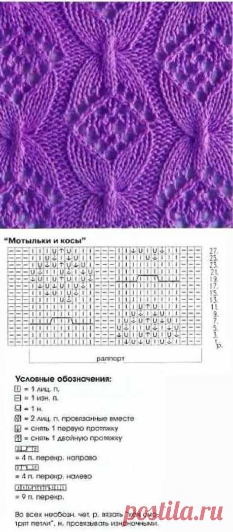 Узор спицами &quot;Мотыльки и косы&quot;