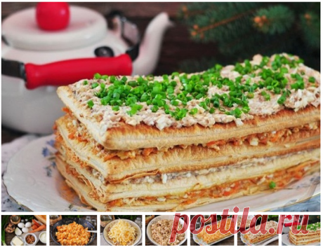 Слоеный закусочный торт с консервированной рыбой