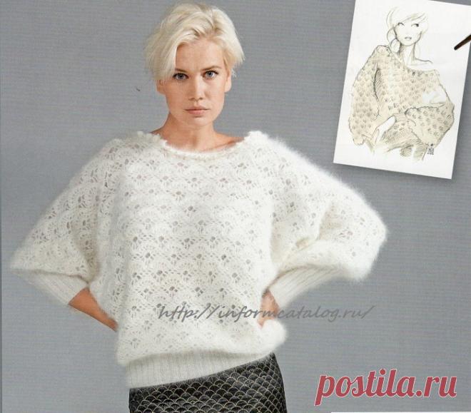 Белый Пуловер Крючком из Ангоры | Ниточка