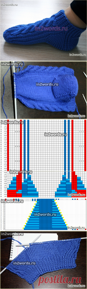 Высокие тапочки или низкие носки с косами на 2 спицах