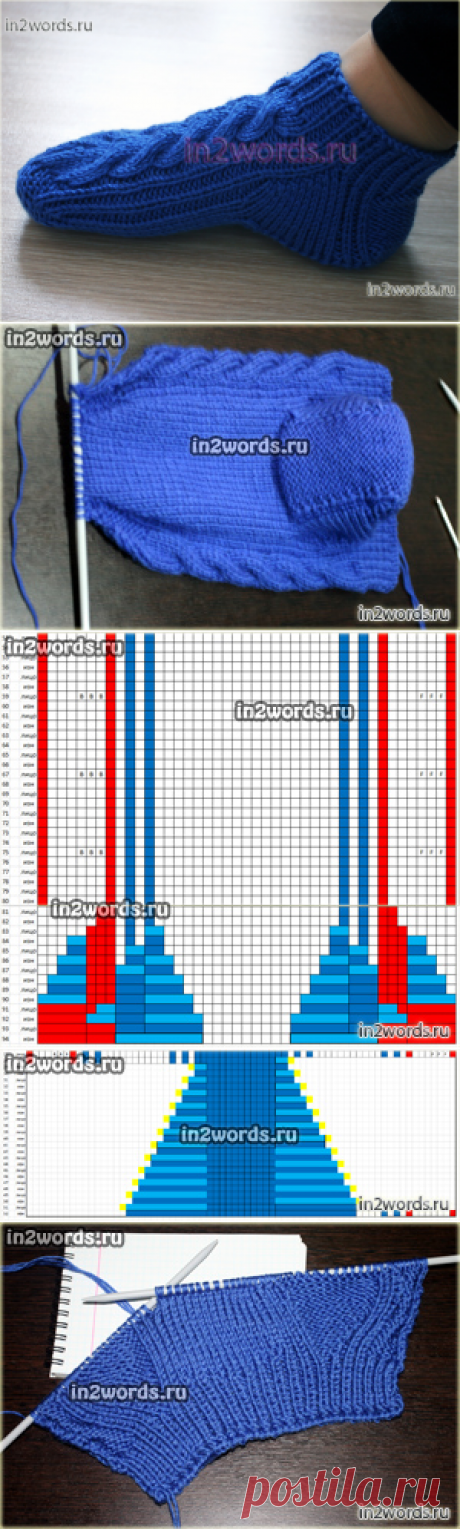Высокие тапочки или низкие носки с косами на 2 спицах