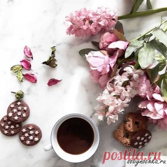 Кофе, шоколадное печенье и розовые цветы, фото на тему 