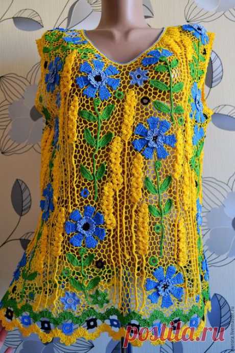 Блузка &quot;Васильки&quot; - авторская ручная работа, ирландское кружево