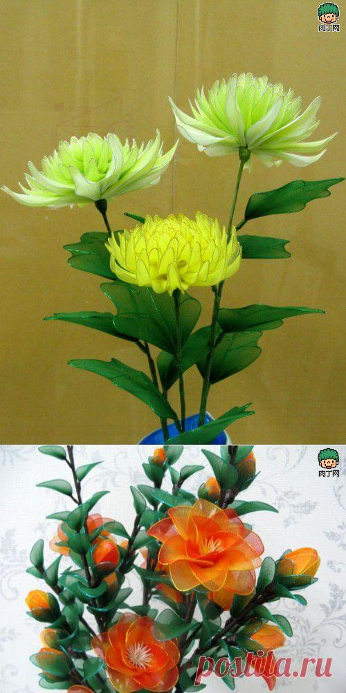 Цветы из капрона. КАМЕЛИЯ и ХРИЗАНТЕМА. Мастер-класс.