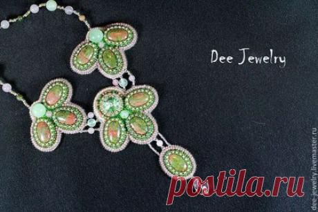 Купить колье Весеннее Утро - розовый, зеленый, колье из бисера, бисерное колье, вышитое колье