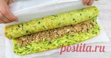 Обалденный кабачковый рулет с изобилием куриного фарша: проще и вкуснее оладий. И гарнир и второе в одном блюде. — Домашняя кулинария