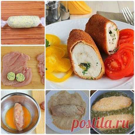 Котлеты по-киевски 
Ингредиенты 
4 шт. филе куриное 
2 шт. яйца куриные 
100 г масло сливочное 
400 г масло подсолнечное 
сухари панировочные 
пучок зелень 
по вкусу соль 
по вкусу перец черный 
Измельчить петрушку. 
В миске смешать сливочное масло с петрушкой. 
Завернуть сливочное масло в пищевую пленку и убрать в морозилку на 20-30 минут. 
Куриное филе раскрыть острым ножом, чтобы получился прямоугольник и слегка отбить. 
На край филе выложить кусочки подмороженного слив...