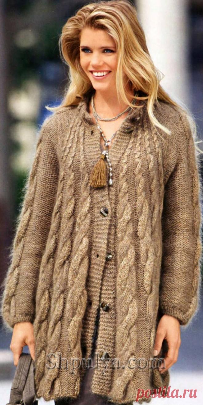www.SHPULYA.com - Теплый кардиган с рукавами реглан и узором из кос