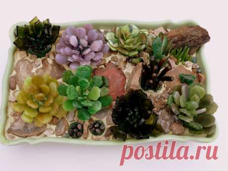 Lizzie's Dish Garden Another succulent garden for a friend who loves rocks!  Stained glass, Coral, Mother of Pearl, Rocks, Arrowheads, glass frog, iridescent beetle, Haeger USA pottery.