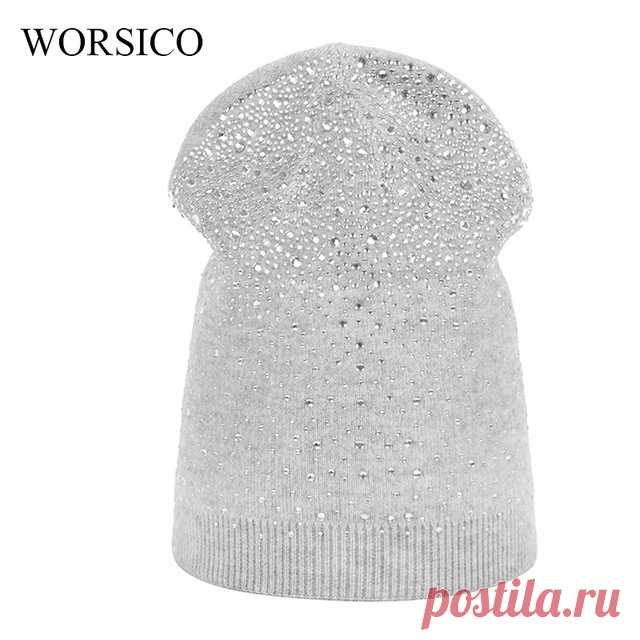 Worsico 2017 Зима Шапки для Для женщин Skullies шапочки дамы вязать шляпу для Обувь для девочек блестящими стразами маска теплая шапочка Мягкая Gorras купить на AliExpress