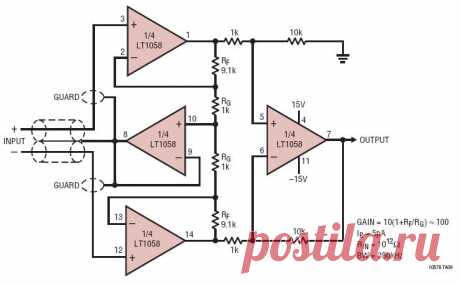 Instrumentation Amplifier with Shield Driver Circuit Collection | Analog Devices.
This is a variation on the standard 3-stage implementation of an Instrumentation Amplifier function. The gain resistor structure between the input op amps provides a mid-point potential that represents the average of the incoming signals. The average level is buffered and back-drives the shields of the signals so there are minimal loading effects in the cabling that might otherwise cause erro...