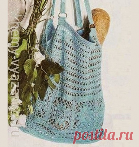 Бирюзовая сумка-сетка с цветами. Схема вязания крючком и описание.