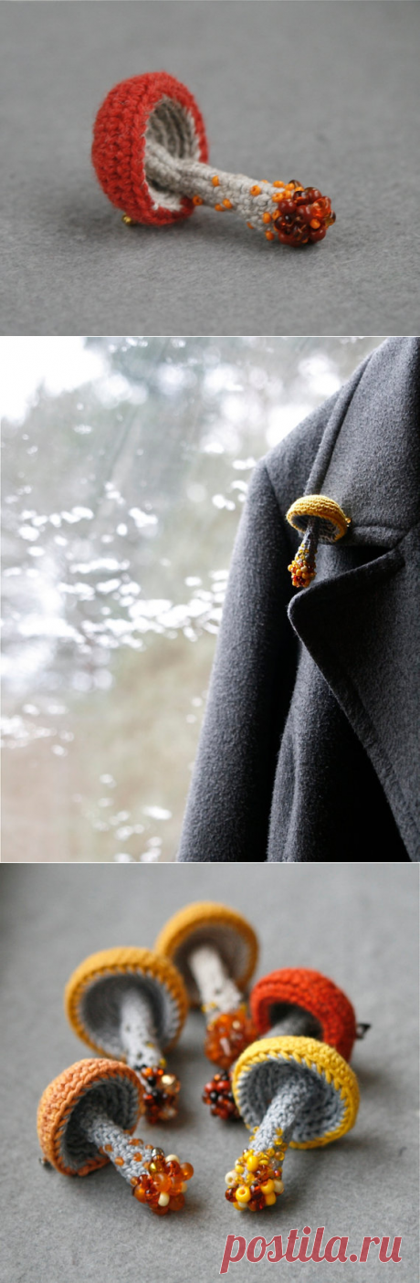 Mushroom crochet pin whimsical brooch woodland jewelry