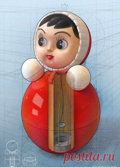 Устройство неваляшки.

Нет никакого колокольчика. На самом деле всё так:
В нижней сфере закреплен цилиндр из плотного картона. На дне цилиндра расположен балласт, по окружности которого вставлены металлические прутья. В центре на проволоке подвешена круглая металлическая пластина. Звук образуется при ударе пластины о прутья
