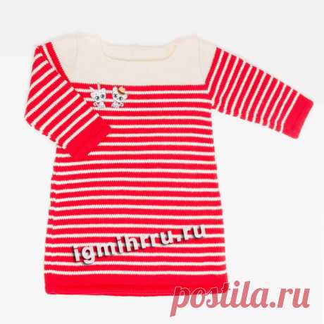 ДЛЯ ДЕВОЧКИ 2-10 ЛЕТ. ПЛАТЬЕ В КРАСНО-КРЕМОВУЮ ПОЛОСКУ. Вязание спицами для детей