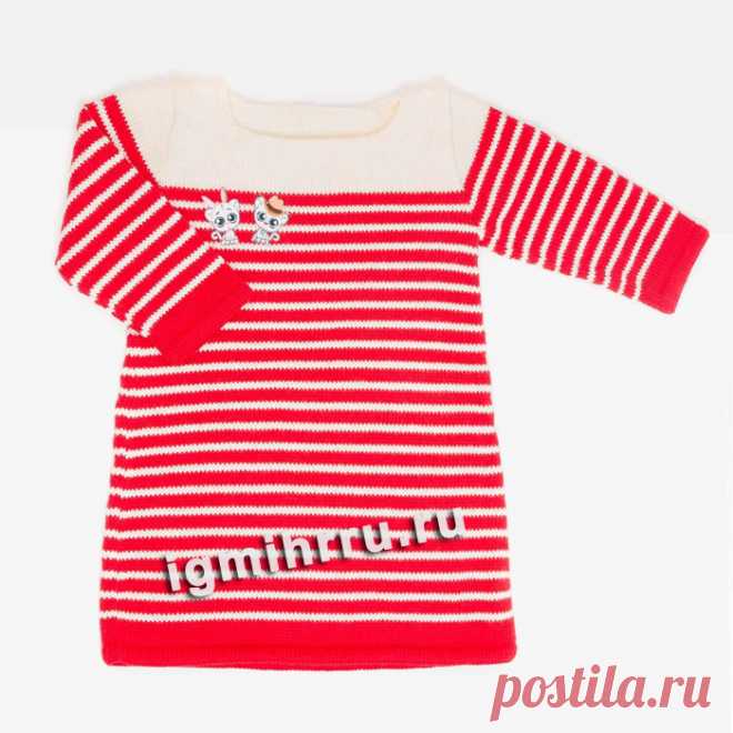 ДЛЯ ДЕВОЧКИ 2-10 ЛЕТ. ПЛАТЬЕ В КРАСНО-КРЕМОВУЮ ПОЛОСКУ. Вязание спицами для детей