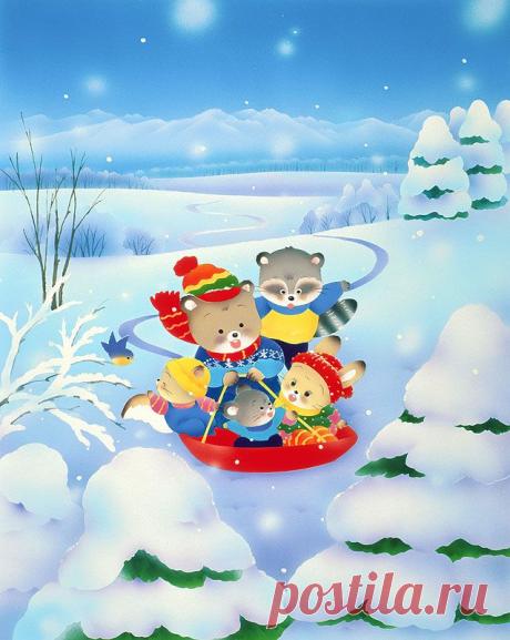 Животных иллюстрации Зимняя сцена, несут ездить один из катания на лыжах, кролик с нами