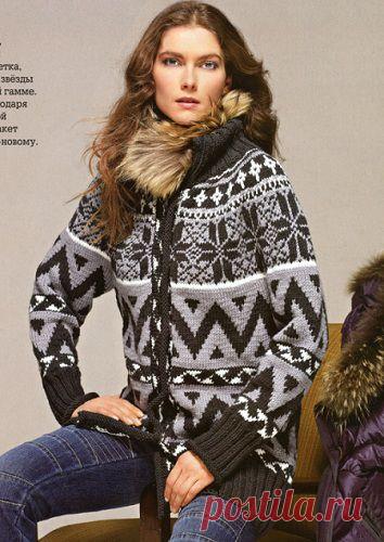 Жаккардовый жакет. Норвежские звёзды в серо-белой гамме..