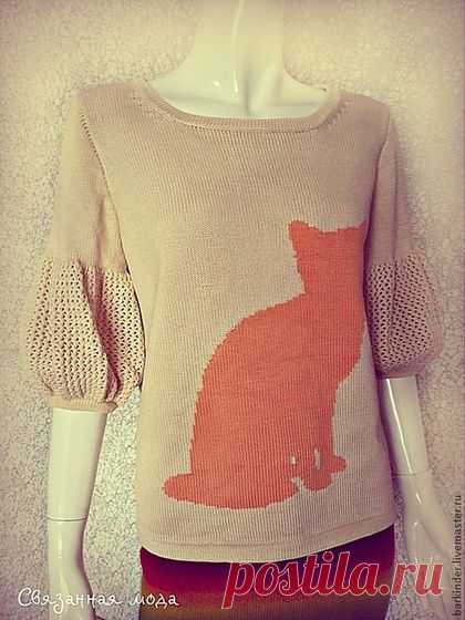 Джемпер вязаный "Апельсиновая кошечка" - кремовый,рисунок,туника вязаная