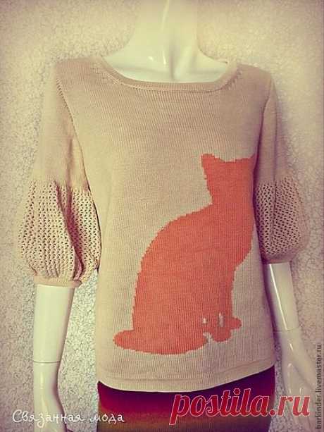Джемпер вязаный &quot;Апельсиновая кошечка&quot; - кремовый,рисунок,туника вязаная
