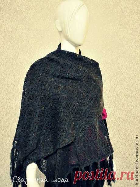 Вязаный ажурный палантин &quot;Ночное Небо&quot; - однотонный,палантин,палантин вязаный