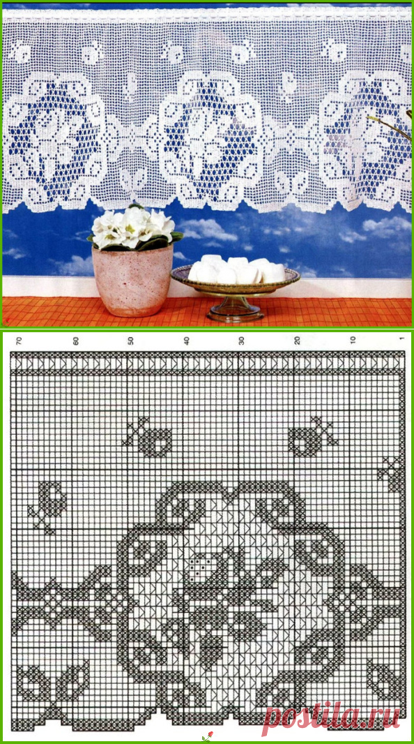 ФИЛЕЙНОЕ ВЯЗАНИЕ, ШТОРКА С РОЗАМИ.