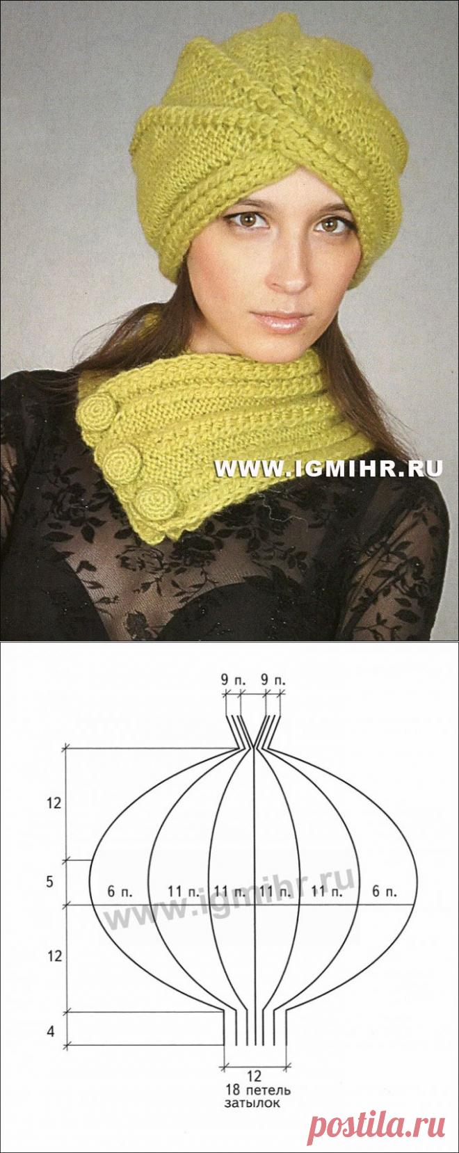 Комплект светло-зеленого цвета: шапка-чалма и шарф-воротник. Спицы