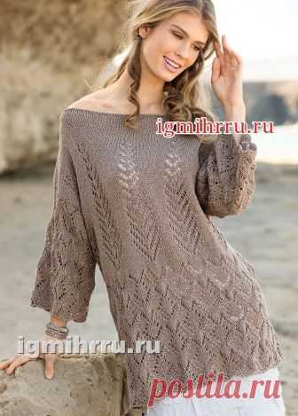 Коричневая льняная туника с ажурными узорами. Вязание спицами