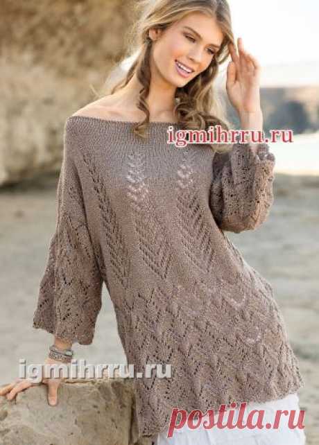 Коричневая льняная туника с ажурными узорами. Вязание спицами