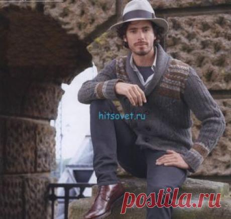 Мужской кардиган спицами - Хитсовет Мужской кардиган спицами. Вам потребуется: пряжа LANG YARNS „Yak" (50% шерсть яка, 50% овечья шерсть, 130 м/50 г): ок. 600 (650-700) г серого цвета № 0005 и по 50 г медного цвета № ОО11 и светло-серого № 0003; прямые спицы № 4,5; 5 черных пуговиц, диаметром 26 мм.