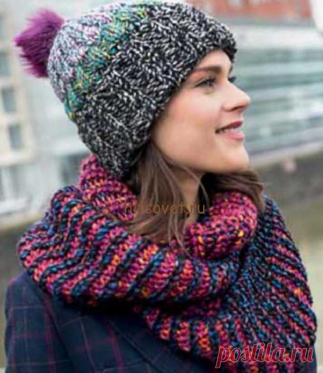 Снуд спицами - Хитсовет Снуд спицами. Модная модель сезона 2016 двухцветный снуд связанный резинкой из меланжевой пряжи. Для вязания снуда Вам потребуется 200 грамм меланжевой (цвет 00087) и 150 грамм (цвет 00089) пряжи Schachenmayr MOULINE ART, состоящей из 55% полиакрила, 45% шерсти, длиной нити 55 метров в 50 граммах; круговые спицы № 7 и № 8 длиной 80-100 см.