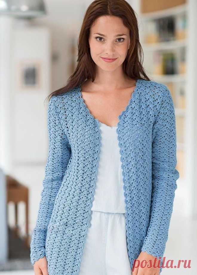 Кардиган крючком Размеры (европейские): S/M/L/XL Обхват груди: 82-89/90-97/98-105/106-115 Обхват талии: 59-66/67-74/75-82/83-94 Обхват бедер: 88-95/96-103/104-111/112-121 Вам потребуется: 550/600/650/700 г голубой пряжи Bergere de France Coton Fifty (50% хлопка, 50%