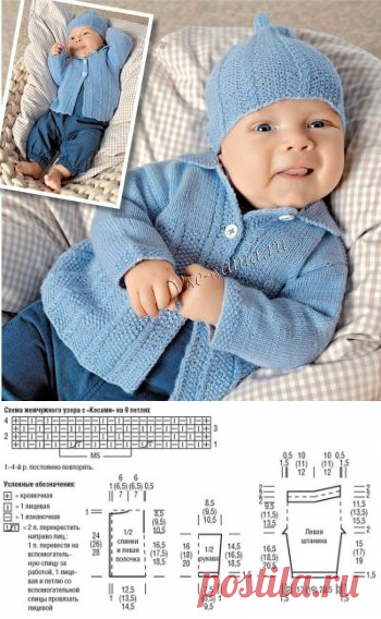 Голубое пальто, штанишки и шапочка - Пальто, курточки, пончо для малышей спицами