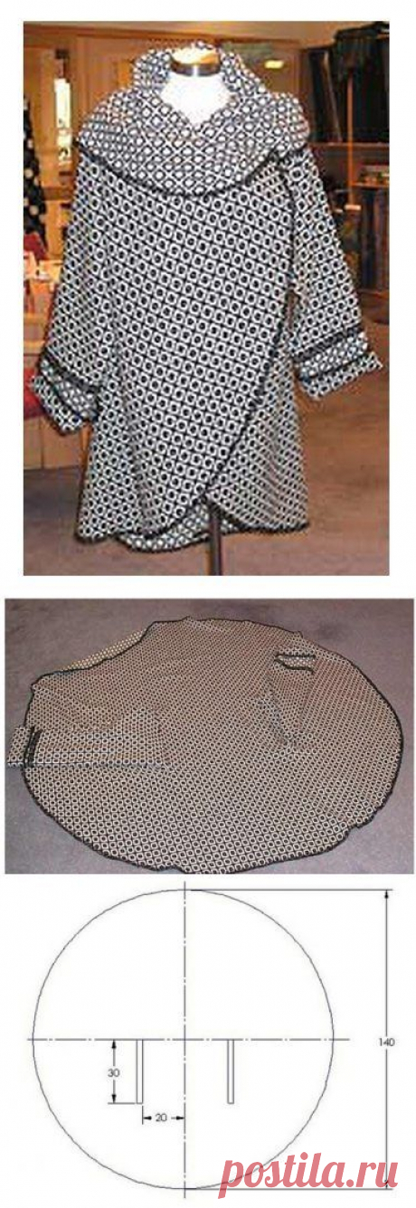 Накидка-пальто своими руками за полчаса!  Шьется, вместе с раскроем за полчаса. Проймы обрабатываются, как петли "в рамку".  На данном варианте рукава почти кимоно, чуть заужены книзу. Сшиты бельевым швом.  Без рукавов ее можно одевать «вверх ногами», самому определять - где ноги. Если шить рукава по типу кимоно, то эта возможность сохраняется, а если "правильные" рукава,