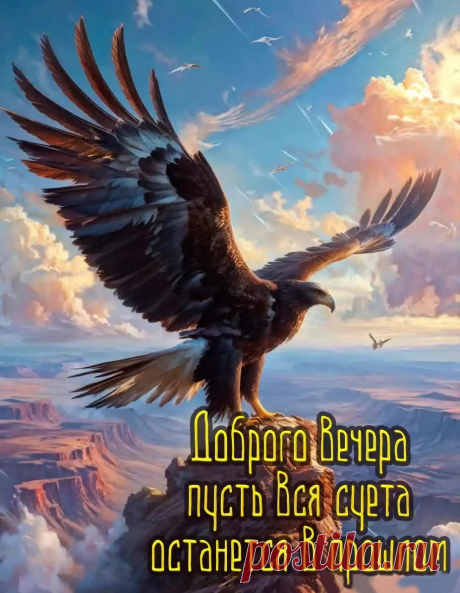 Картинка доброго вечера с надписью, орел в горах