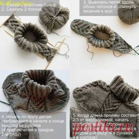 Это краткое руководство предназначено для девушек с опытом, кто вяжет не только по журналам и инструкциям, а может самостоятельно делать расчеты, тех кто уже вязал изделия сверху вниз, например регланом.
реглан-погон - более сложная техника бесшовного вязания сверху вниз. И самая сложная часть, на мой взгляд, это расчеты.

Алгоритм вязания следующий:
1. Связать воротник гольф.
2. Связать 2 погона.
3. Вывязать петли вдоль обоих погонов и сомкнуть вязание в круг.
4. Вязать п...