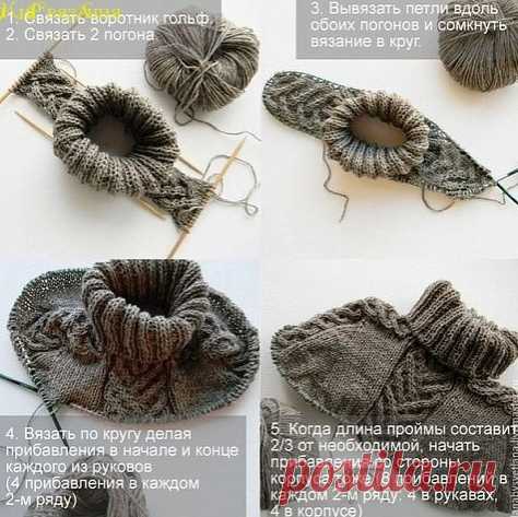 Это краткое руководство предназначено для девушек с опытом, кто вяжет не только по журналам и инструкциям, а может самостоятельно делать расчеты, тех кто уже вязал изделия сверху вниз, например регланом.
реглан-погон - более сложная техника бесшовного вязания сверху вниз. И самая сложная часть, на мой взгляд, это расчеты.

Алгоритм вязания следующий:
1. Связать воротник гольф.
2. Связать 2 погона.
3. Вывязать петли вдоль обоих погонов и сомкнуть вязание в круг.
4. Вязать п...