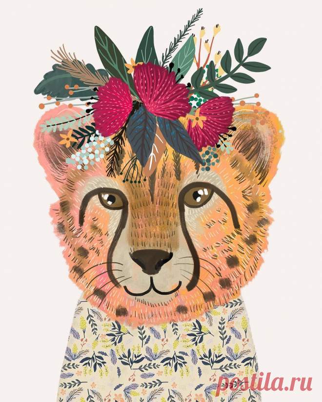 Encantadoras ilustraciones de animales con coronas de flores de Mia Charro