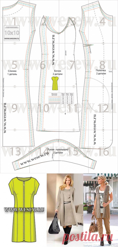 Выкройка длинного женского жилета с коротким рукавом в пяти размерах.