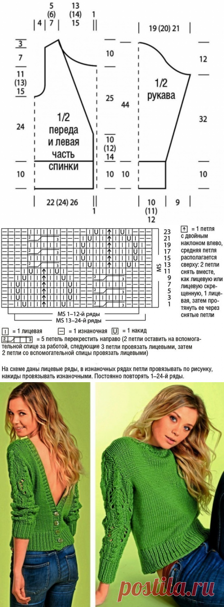 Пуловер с открытой спиной, для смелой дамы из категории Интересные идеи – Вязаные идеи, идеи для вязания Просматривайте этот и другие пины на доске Вязаные пуловеры пользователя Надежда.
Теги
Пуловер с оригинальной спинкой для смелой женщины.
Для вязания потребуется: 400 г. меланжевой пряжи; спицы No 3; крючок No 2. Описание работы: Спинка.
Набрать на спицы 112 п. и вязать: 1 р. (лиц. сторона): кром., 10 п. узором 2, 16 п. узором 3, 8 п. узором 4, кром.