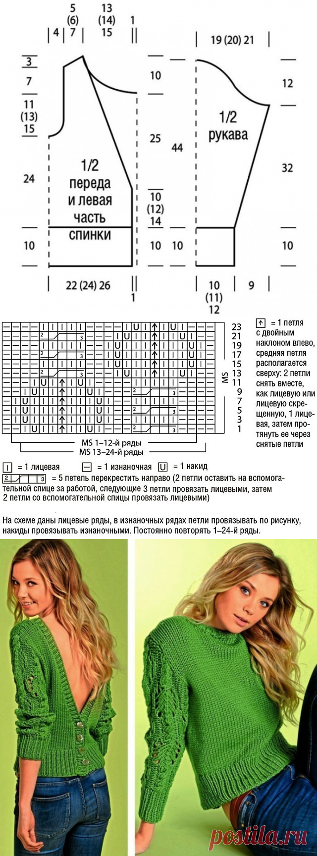 Пуловер с открытой спиной, для смелой дамы из категории Интересные идеи – Вязаные идеи, идеи для вязания Просматривайте этот и другие пины на доске Вязаные пуловеры пользователя Надежда.
Теги
Пуловер с оригинальной спинкой для смелой женщины.
Для вязания потребуется: 400 г. меланжевой пряжи; спицы No 3; крючок No 2. Описание работы: Спинка.
Набрать на спицы 112 п. и вязать: 1 р. (лиц. сторона): кром., 10 п. узором 2, 16 п. узором 3, 8 п. узором 4, кром.