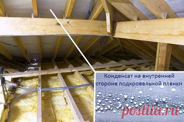 КОНДЕНСАТ В ХОЛОДНОМ ЧЕРДАКЕ 
Данные обследования. Был обследован холодный чердак реконструируемого двухэтажного кирпичного дома. Обнаружено большое количество конденсата на внутренней поверхности подкровельной гидроизолирующей пленки. Конденсат обильно стекал и капал на утеплитель чердачного перекрытия, сильно увлажняя его. Результатом образования конденсата на чердаке в холодный период стало увлажнение деревянных стропил и, главное, увлажнение минераловатных плит утеплит...
