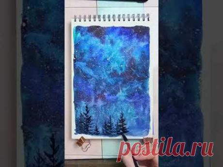 Рисую ночной пейзаж акварелью 🌌.