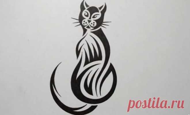 Как нарисовать кошку в стиле тату на бумаге поэтапно