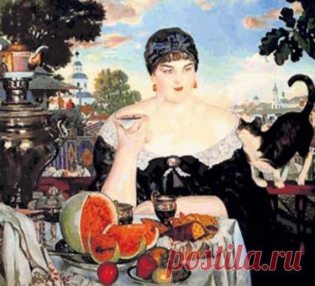 Б.М. Кустодиев, «Купчиха за чаем», 1918  Это настоящая иллюстрация той яркой и сытой России, где ярмарки, карусели и «хруст французской булки». Написана картина была в послереволюционном голодном 1918 году.  Для купчихи в этом картине позировала Галина Владимировна Адеркас — натуральная баронесса из рода, ведущего свою историю аж от одного ливонского рыцаря XVIII века.