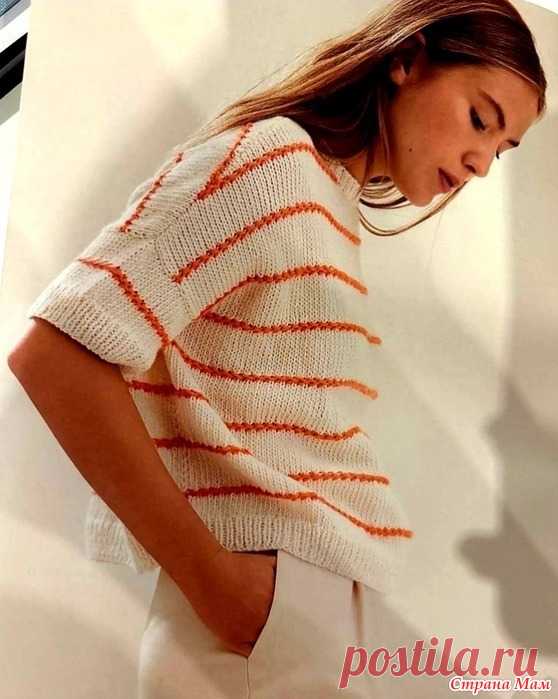 Футболка «Summer Softness». Спицы. Размеры: 42/44 (46/48-50/52-54/56)  Данные для размера 46/48 приведены в скобках перед тире, для размера 50/52 - между тире, для размера 54/56 - после тире.