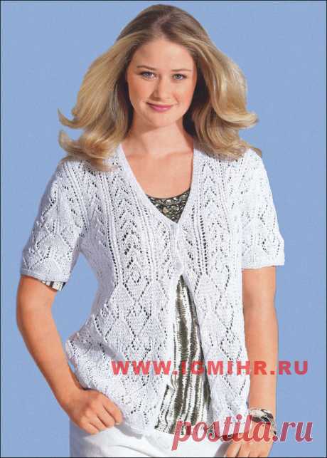 Белый цвет – лучший выбор для лета! Ажурный жакет для пышной дамы. Спицы