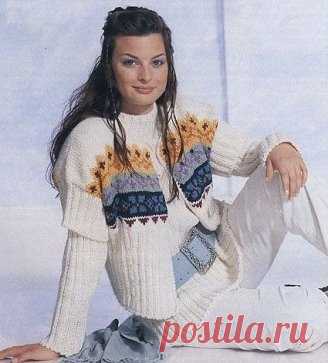 Пуловер и жилет с жаккардовым узором
Размеры: 36/38 (40/42) 
Вам потребуется: 950 (1050) г пряжи цвета экрю и по 50 г бордовой, темно-синей, джинсового цвета, серо-голубой, сиреневой, желтой и оранжевой (51% овечьей шерсти, 49% полиакрила, 85 м/50 г); прямые и круговые спицы № 5; крючок №4.
Резинка: 
число петель кратно 4 + 2 кром. Лиц. р.: кром., 1 изн., * попеременно 2 лиц., 2 изн., закончить 2 лиц., 1 изн., кром.  Изн. р.: петли вязать по рисунку. 
Лицевая гладь:  
лиц. р. - лиц. п., изн.